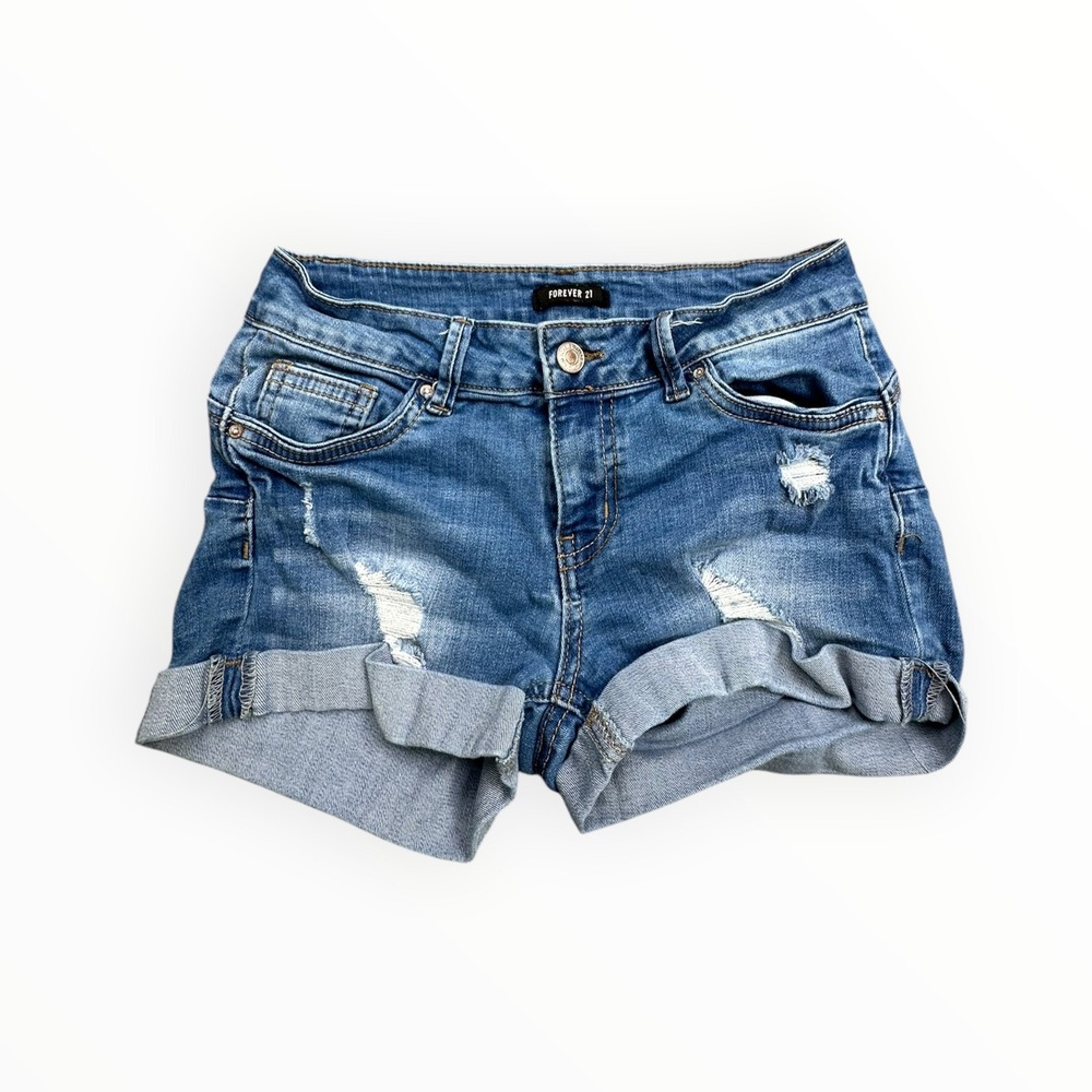 Forever 21 Denim Shorts Womens S Blue Distressed Cuffed Hem Medium Wash Casual